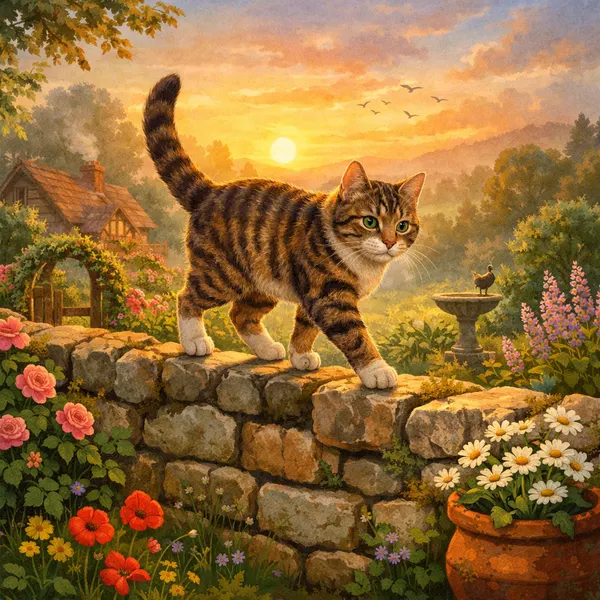 Chat Rayé au Lever du Soleil