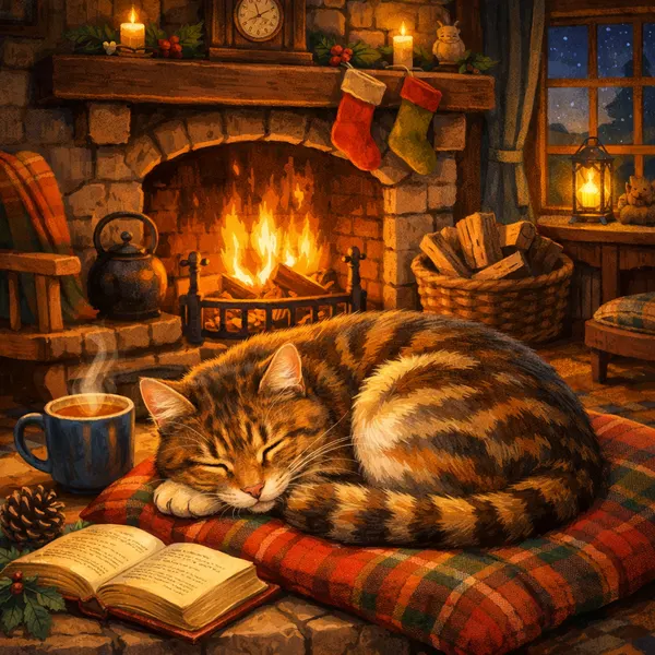 Sleepy Cat by the Fireplace