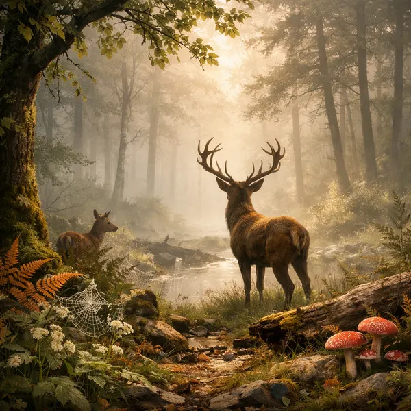 Cerf dans la forêt brumeuse