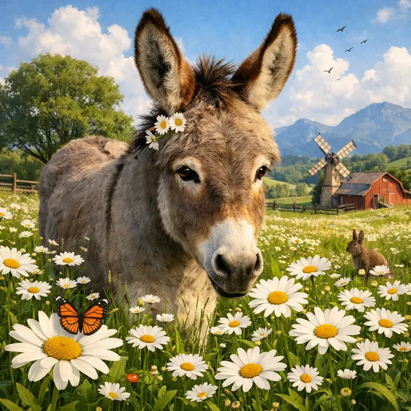 Gentle Donkey in a Daisy Field