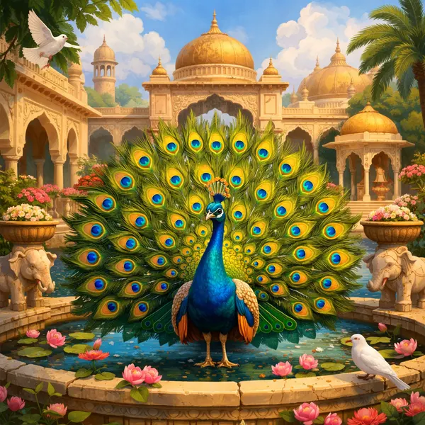 Majestic Peacock in Courtyard
