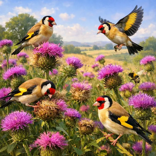 Goldfinches Among Thistles
