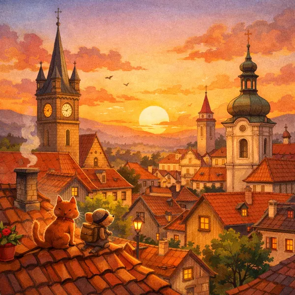 Sunset Over Rooftops and Towers