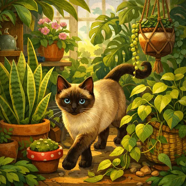 Siamese Cat Among Houseplants