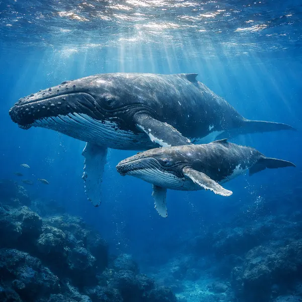 Humpback Whale and Calf in Blue Depths