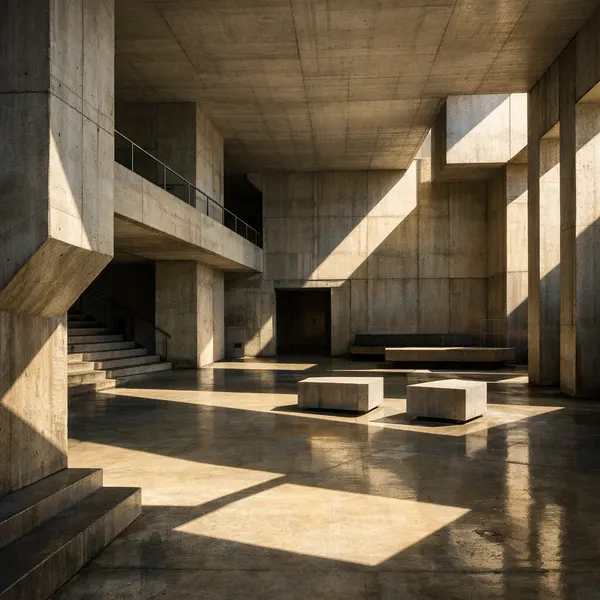 Salón de concreto brutalista