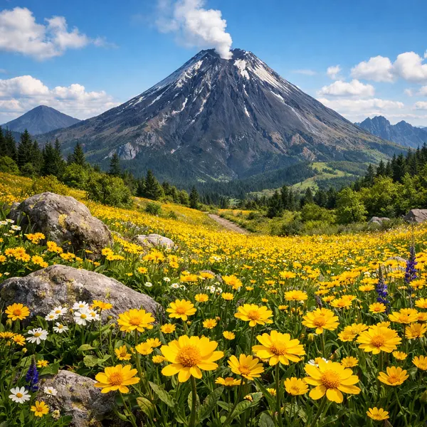 Volcanic Peak and Wildflower Field