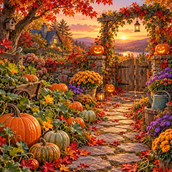 Jardin de citrouilles au coucher du soleil