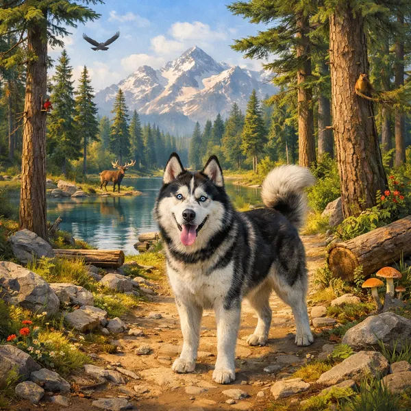 Siberian Husky in Pine Forest