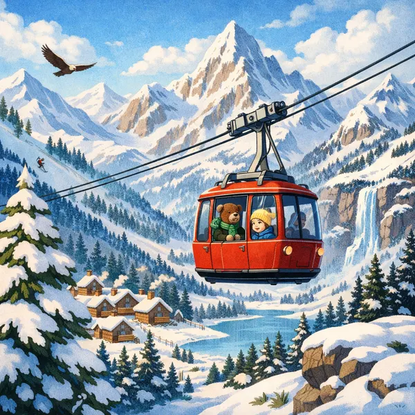 Red Cable Car Over Snowy Peaks