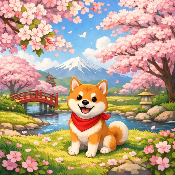 Shiba Inu Under Cherry Blossoms