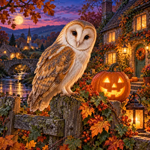 Barn Owl Beside a Halloween Lantern