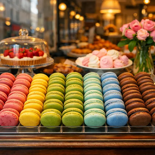 Colorful Macarons in a Bakery
