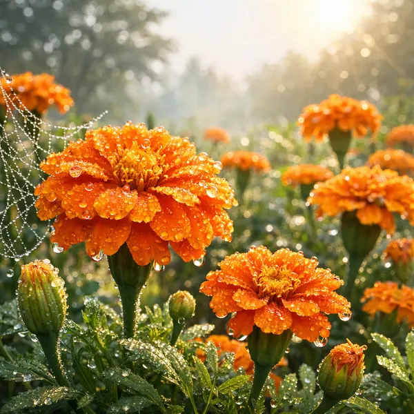 Rosée du matin sur des soucis orange