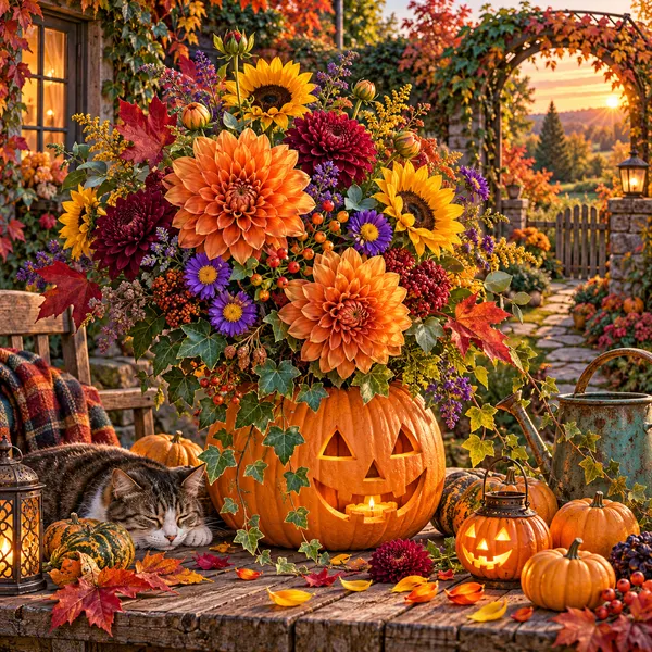 Autumn Flowers in a Pumpkin Vase