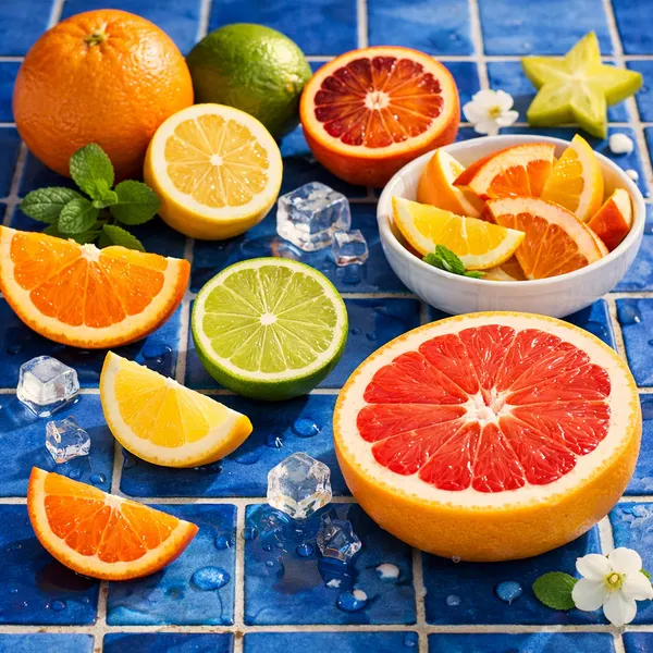 Sliced Citrus on Blue Tiles
