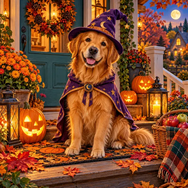 Golden retriever en costume de sorcier