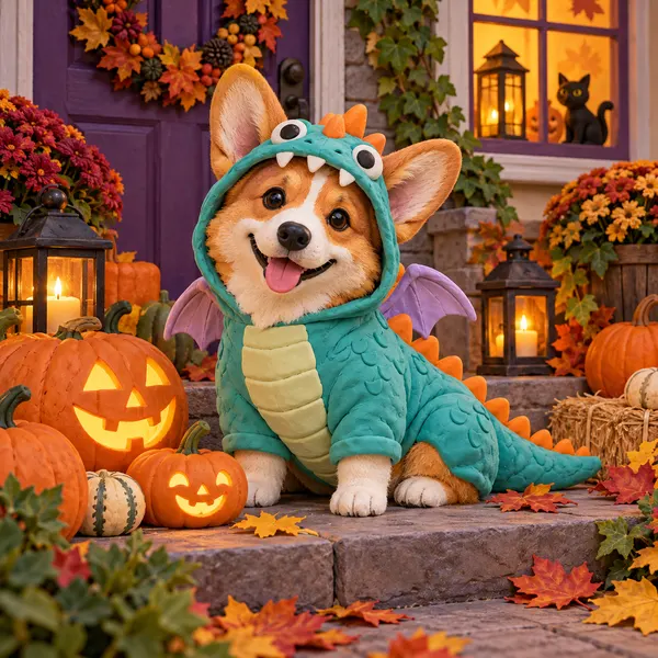 Corgi en costume de dragon pour Halloween